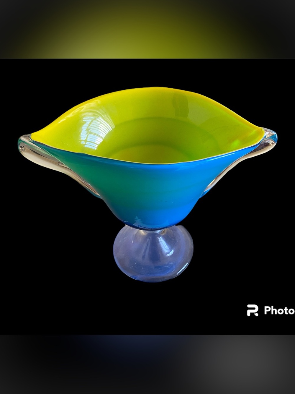 Mid Century Vivid Green and Blue Hand Blown Art Glass Pedestal Pontil VTG Vase